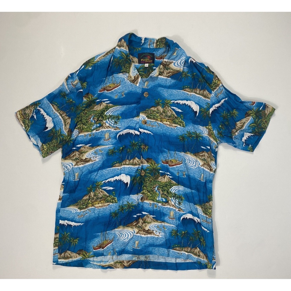Paradise on a Hanger Men Large Hawaiian Shirt Blue Rayon Tropical Island VTG
